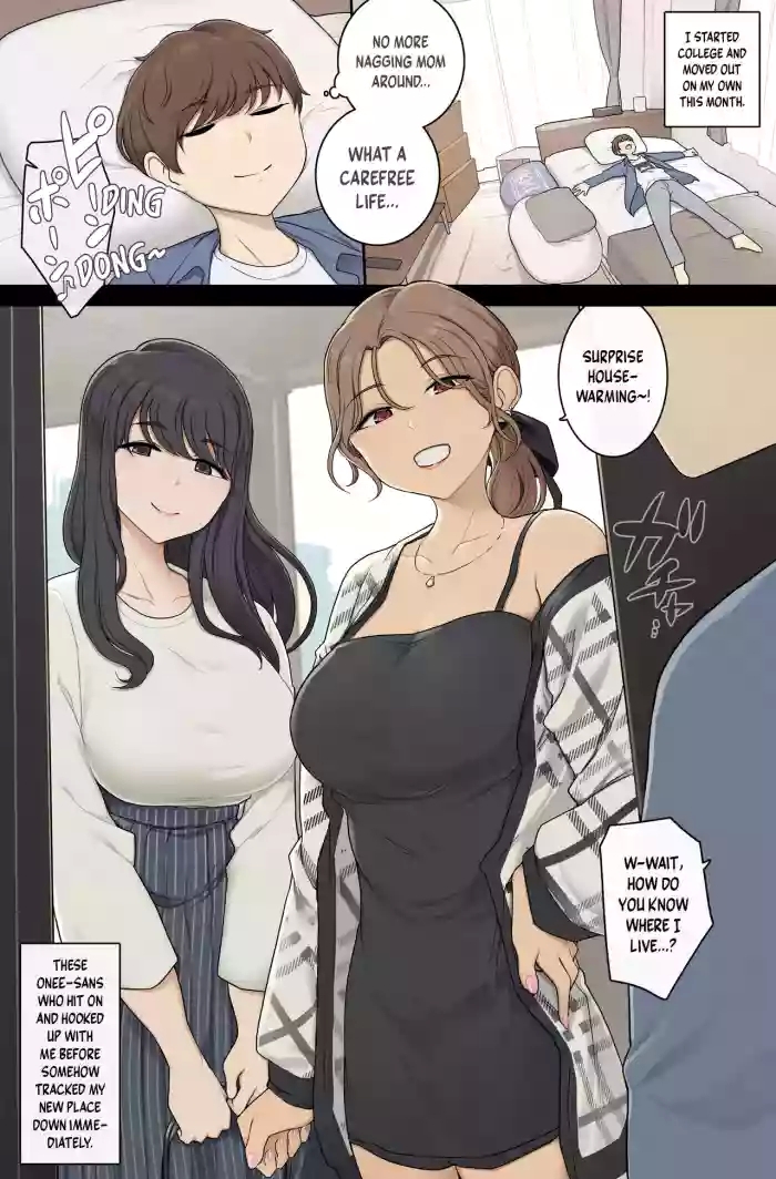 Keitai Choushin Oneetachi ni Shinkyo o Yaribeya ni Sareru Hanashi | Tall, Busty Onee-sans Turn My New Place into Their Sex Room